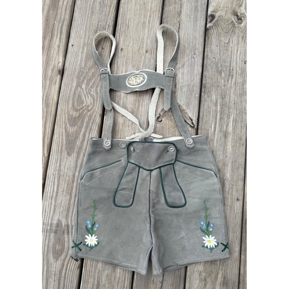 Genuine‎ Austrian Lederhosen Shorts Gray Green Embroidered Oktoberfest Size 12
